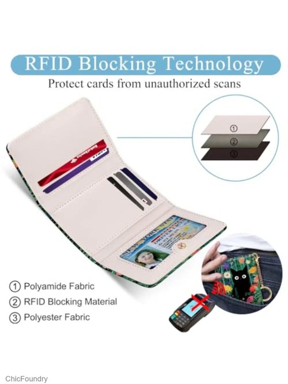 Women's RFID Trifold Wallet with Removable Keychain, Vegan PU Leather, 7 Card